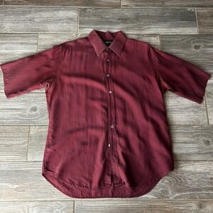 Lanvin Paris Mens Burgundy All Silk Textured Short Sleeve Button Down Shirt‎ L